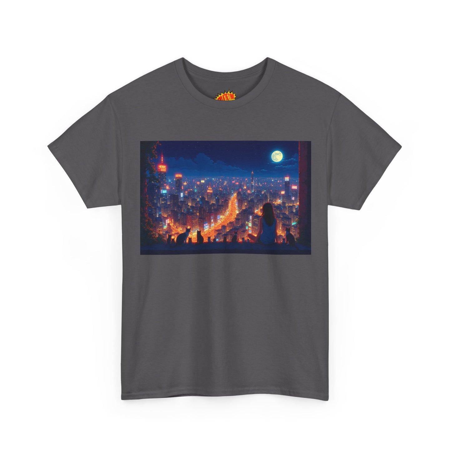 Anime City Night Scene w/Girl & Cats T-Shirt *Multiple Colors*