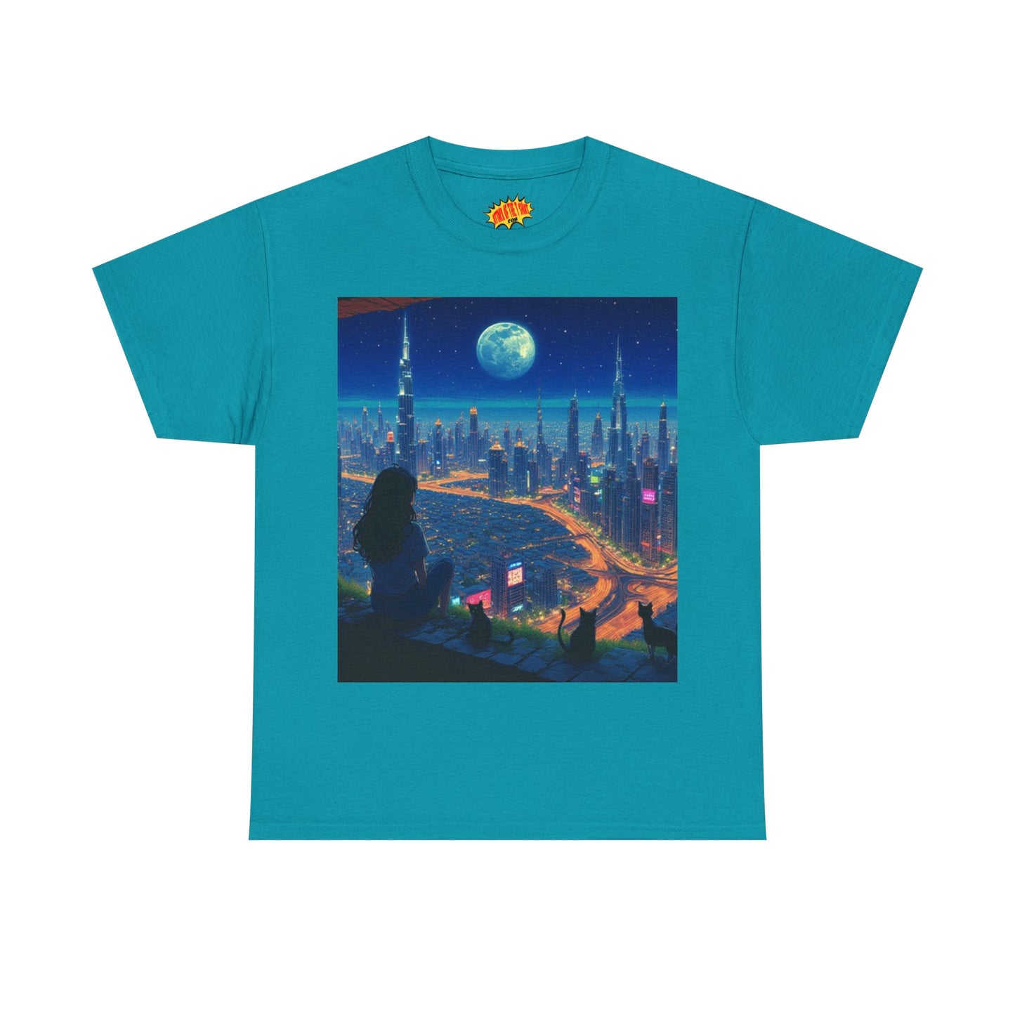 Anime City Full Moon Scene w/Girl & Cats T-Shirt *Multiple Colors*
