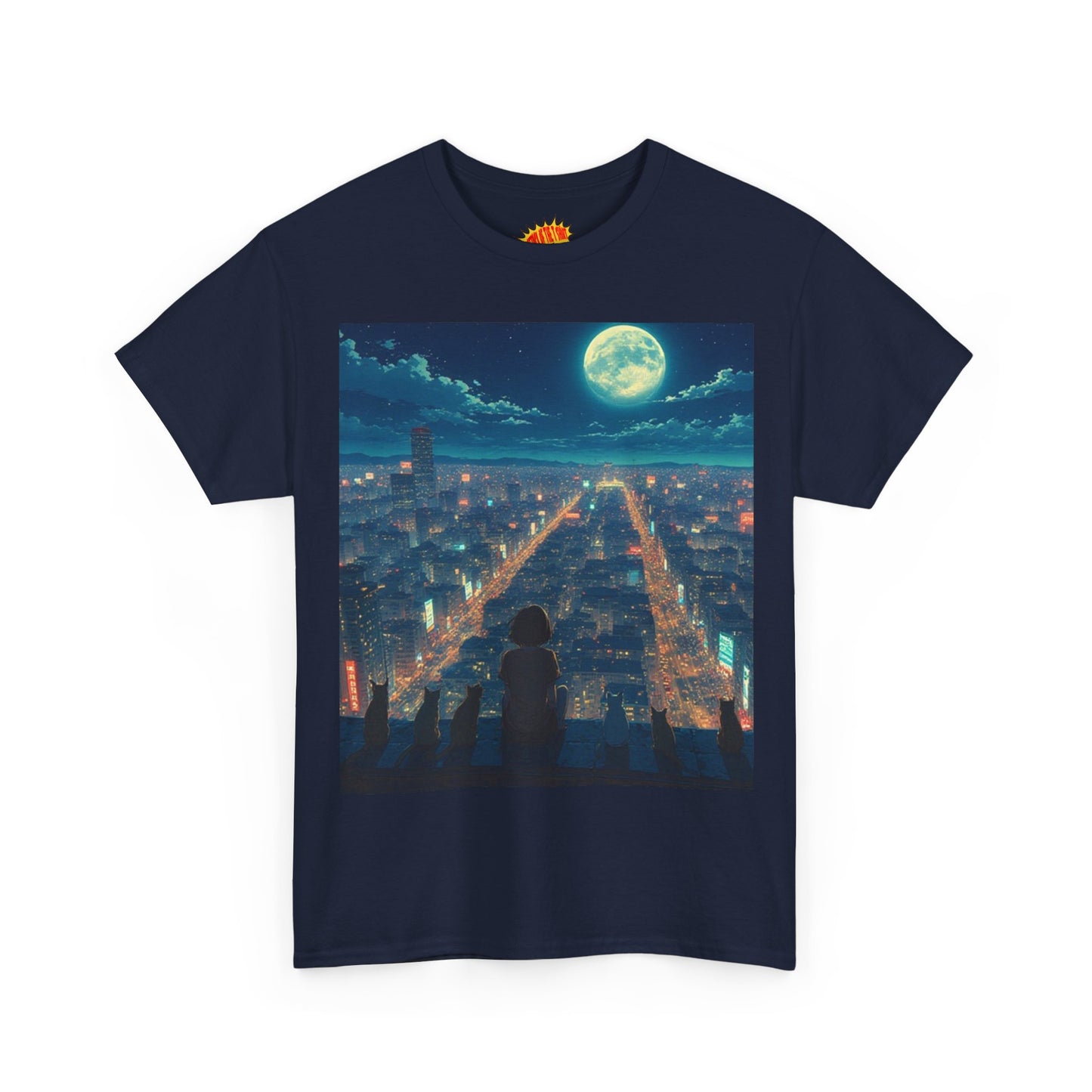 Anime City Full Moon Scene w/Girl & Cats T-Shirt *Multiple Colors*