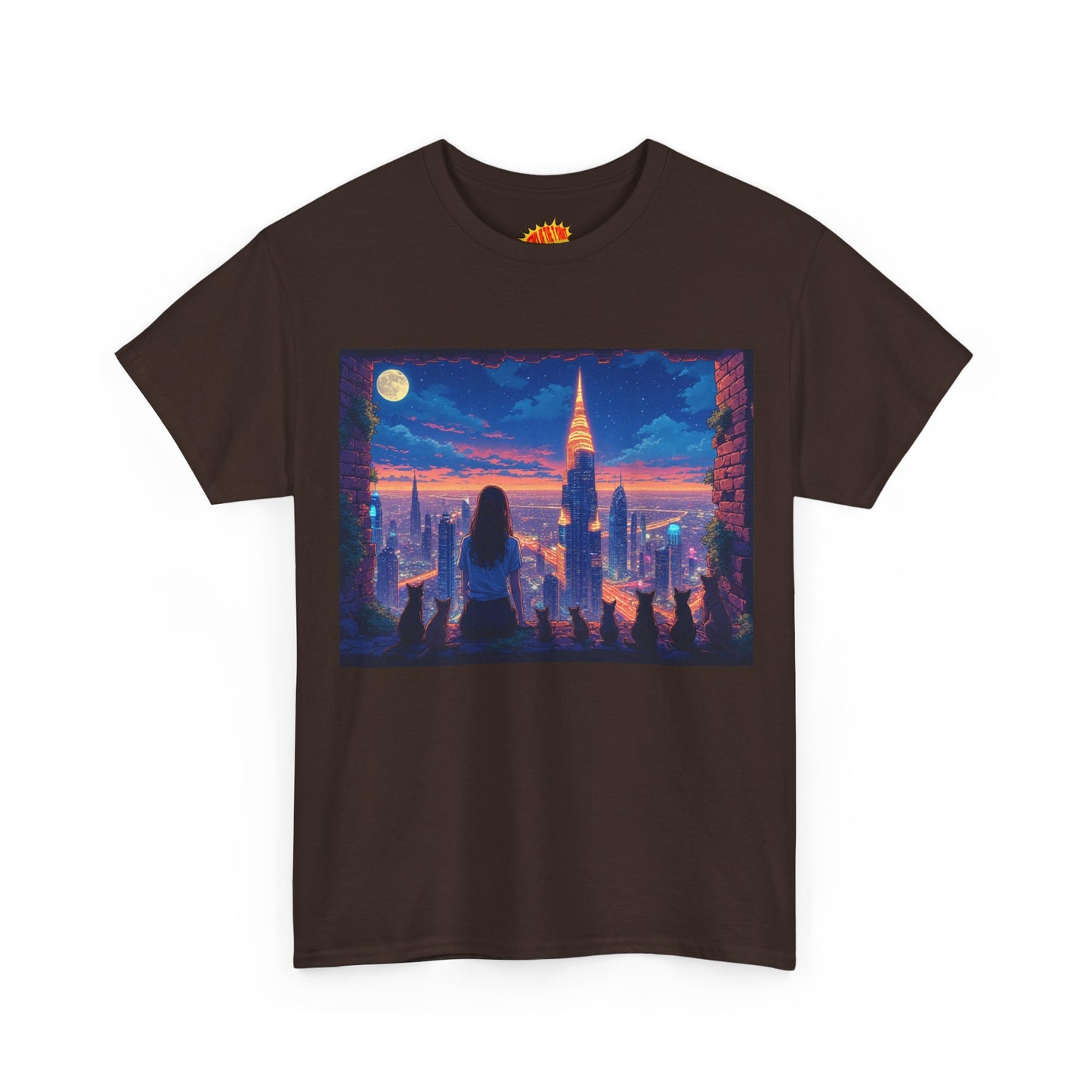 Anime Neon City Full Moon Scene w/Girl & Cats T-Shirt *Multiple Colors*