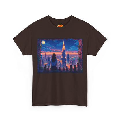 Anime Neon City Full Moon Scene w/Girl & Cats T-Shirt