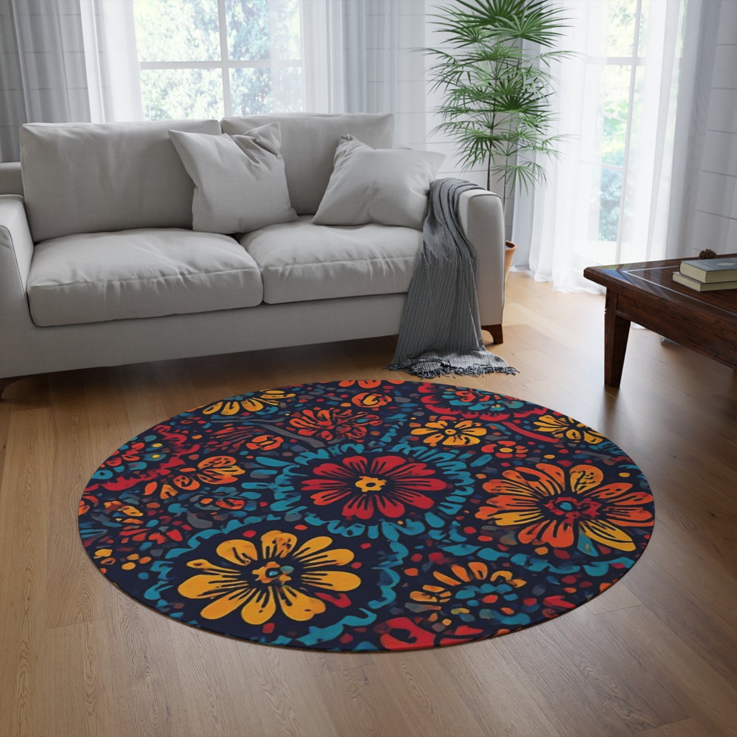 Retro Flower Pattern 60's/70's Style Area Rug - 60in Diameter Round Rug 5
