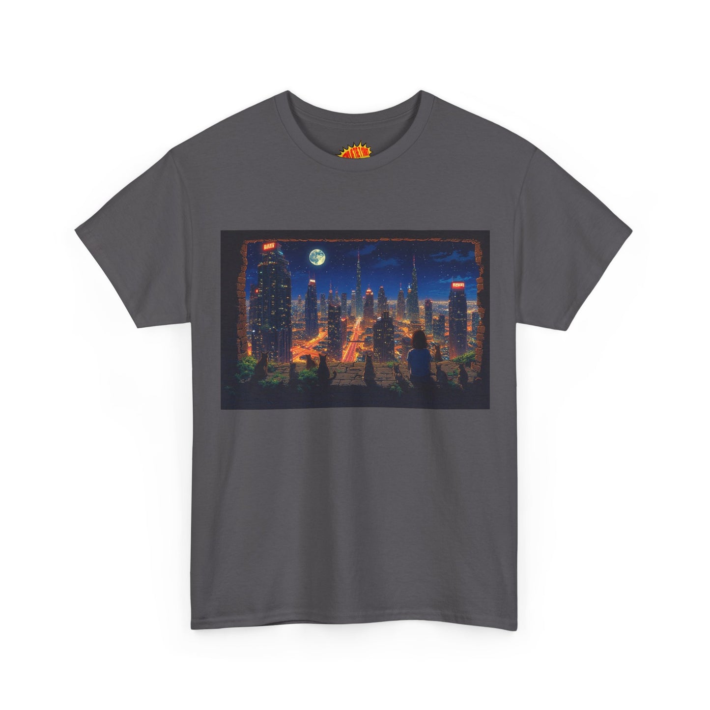 Neon Anime Cityscape Full Moon w/Girl & Cats T-Shirt *Multiple Colors*