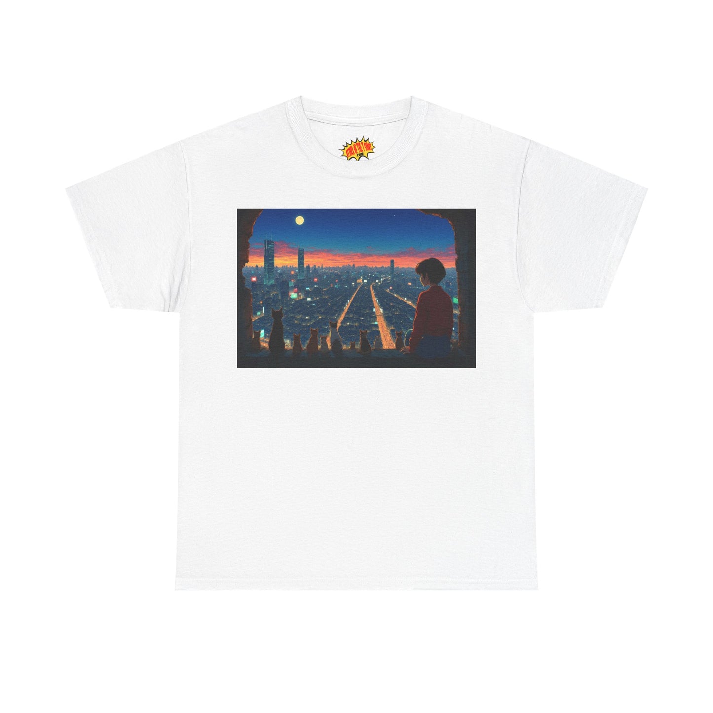 Neon Cityscape Anime Scene w/Girl & Cats T-Shirt *Multiple Colors*