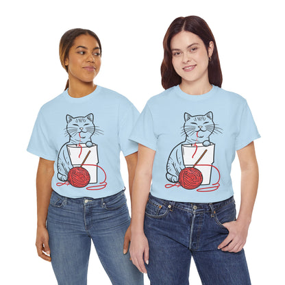 Cat w/Noodle Cup + Yarn Ball Art Drawing Tee Shirt