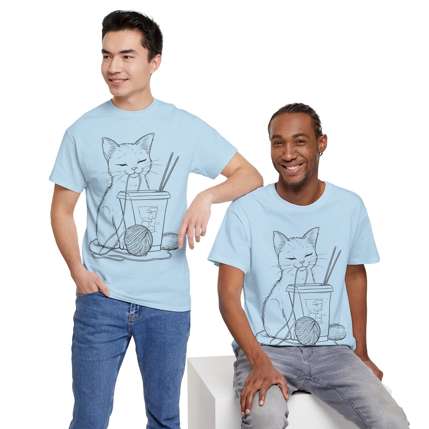 Cat w/Takeout + Yarn Ball Line Drawing Tee Shirt *Multiple Colors*