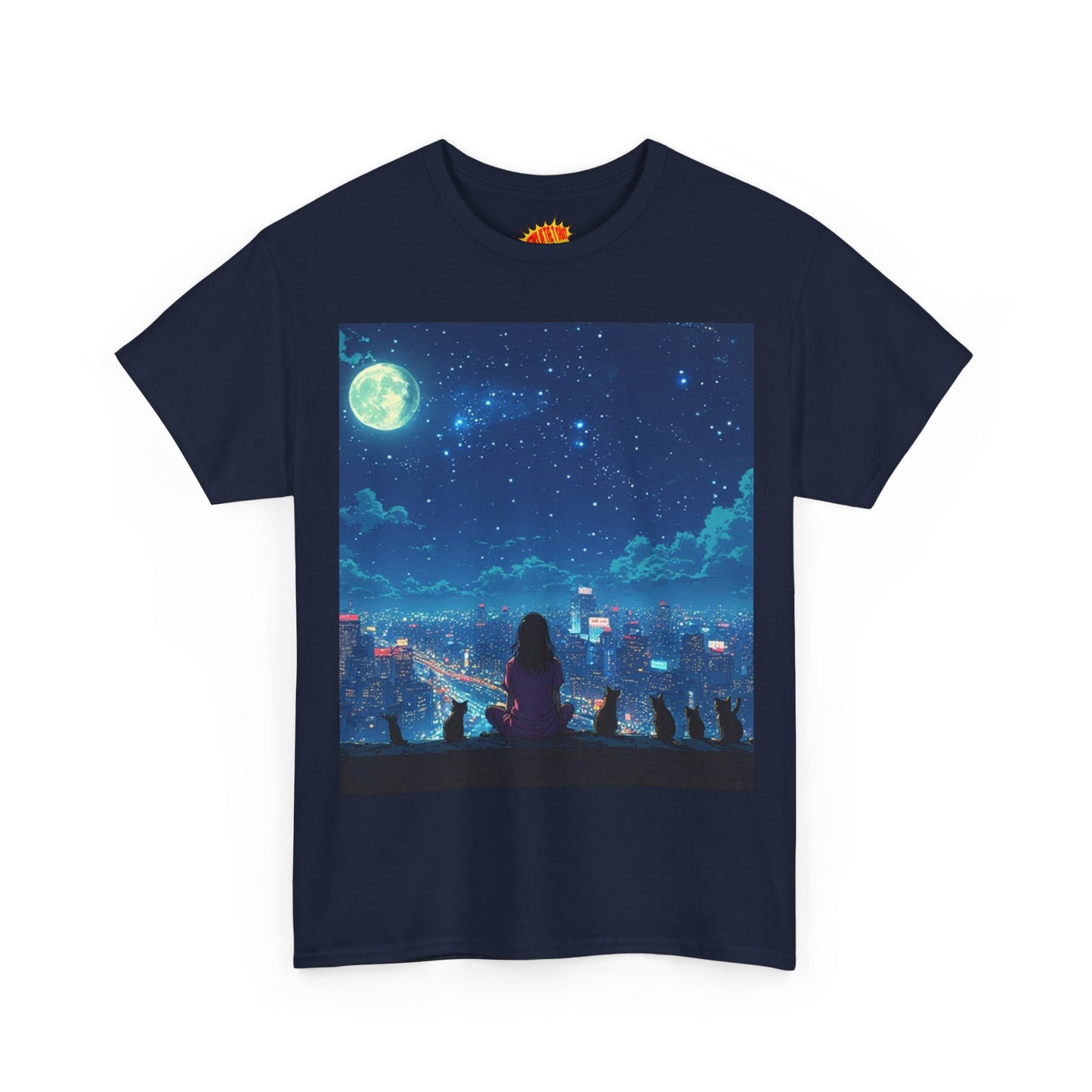 Anime Full Moon City Scene w/Girl & Cats T-Shirt *Multiple Colors*