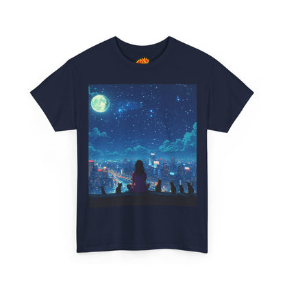 Anime Full Moon City Scene w/Girl & Cats T-Shirt