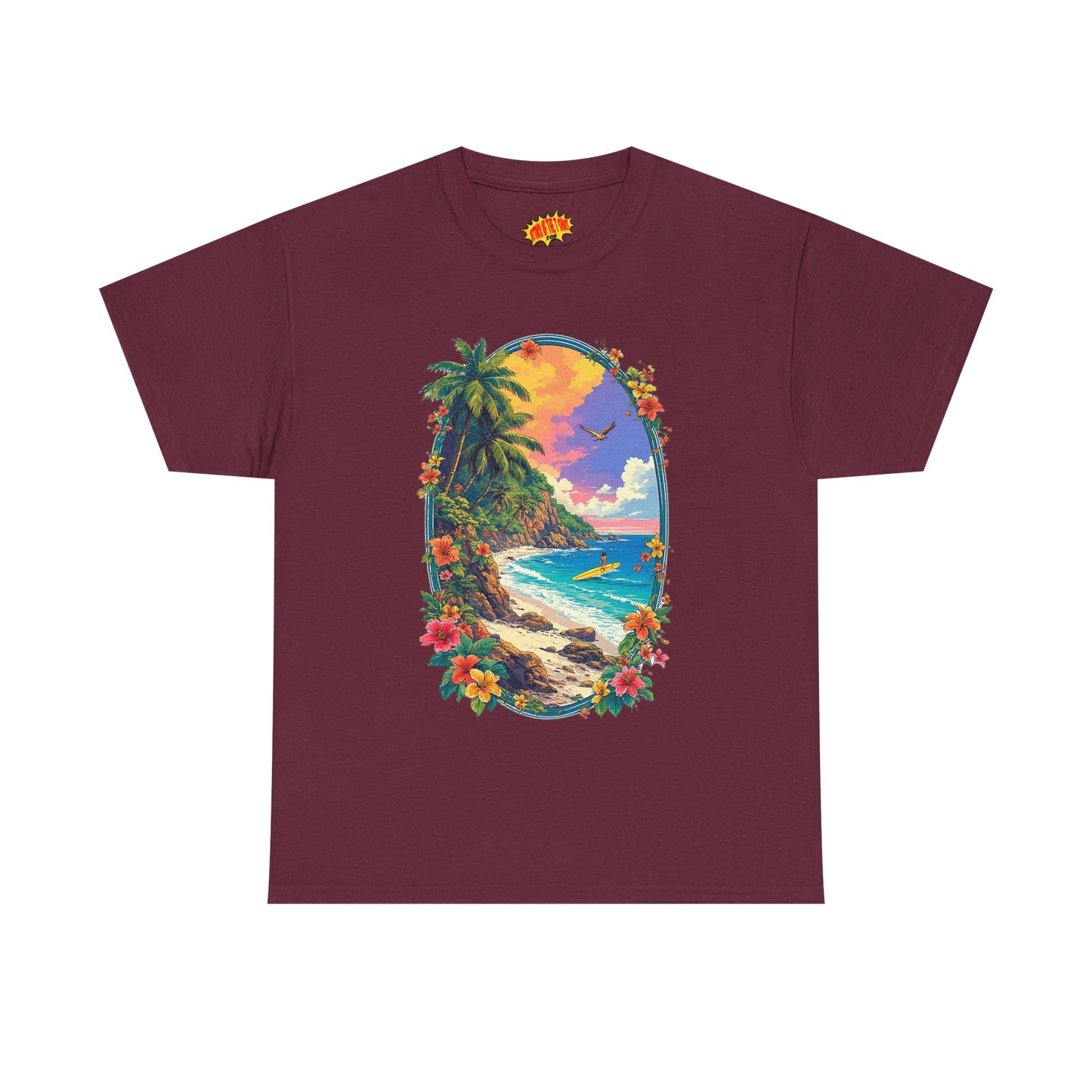 Tropical Beach Scene w/Oval Floral Frame T-Shirt *Multiple Colors*