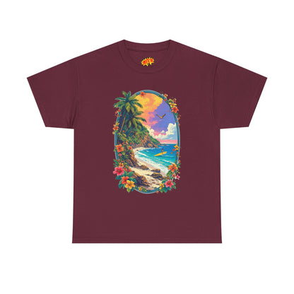 Tropical Beach Scene w/Oval Floral Frame T-Shirt