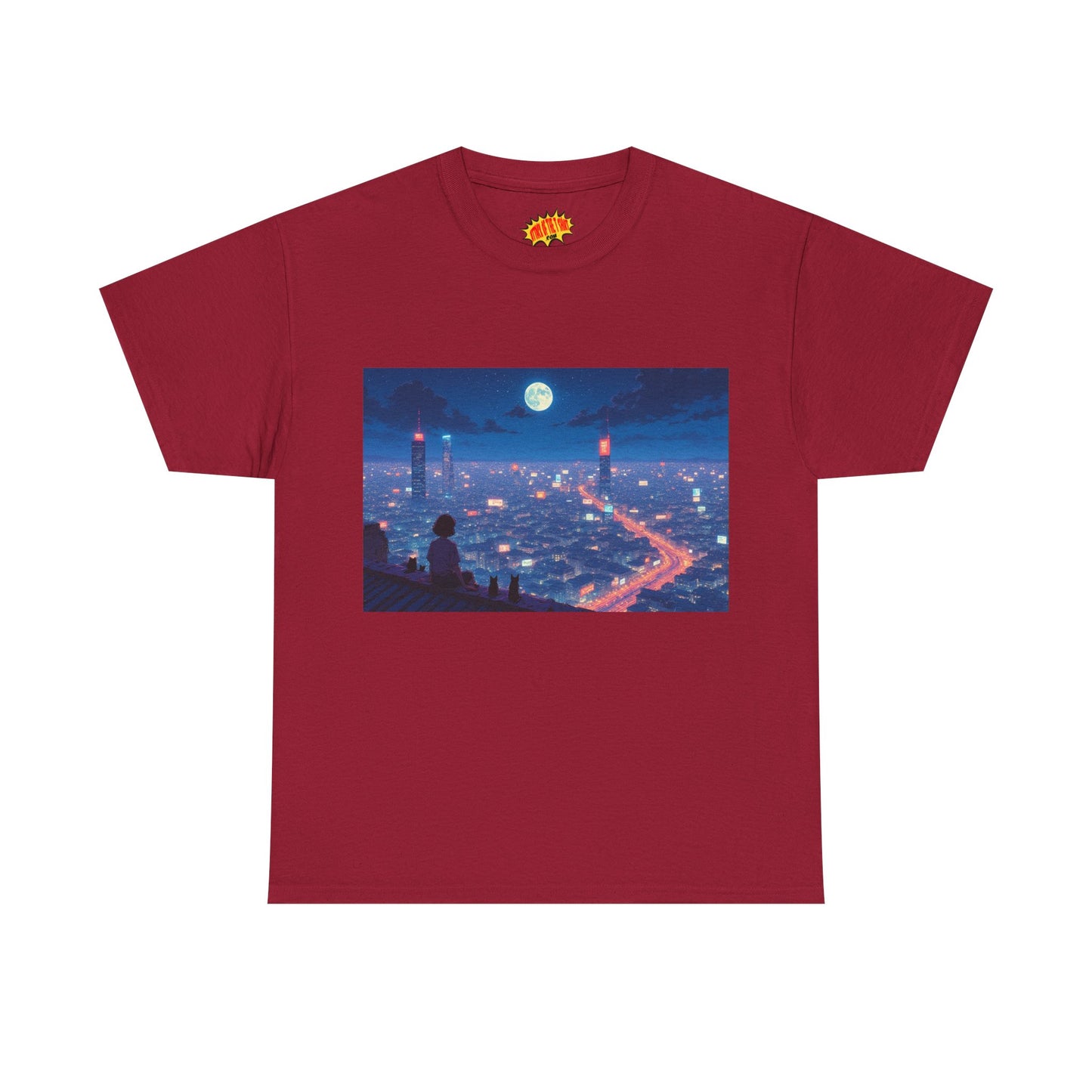 Anime Neon City Full Moon Scene w/Girl & Cats T-Shirt *Multiple Colors*