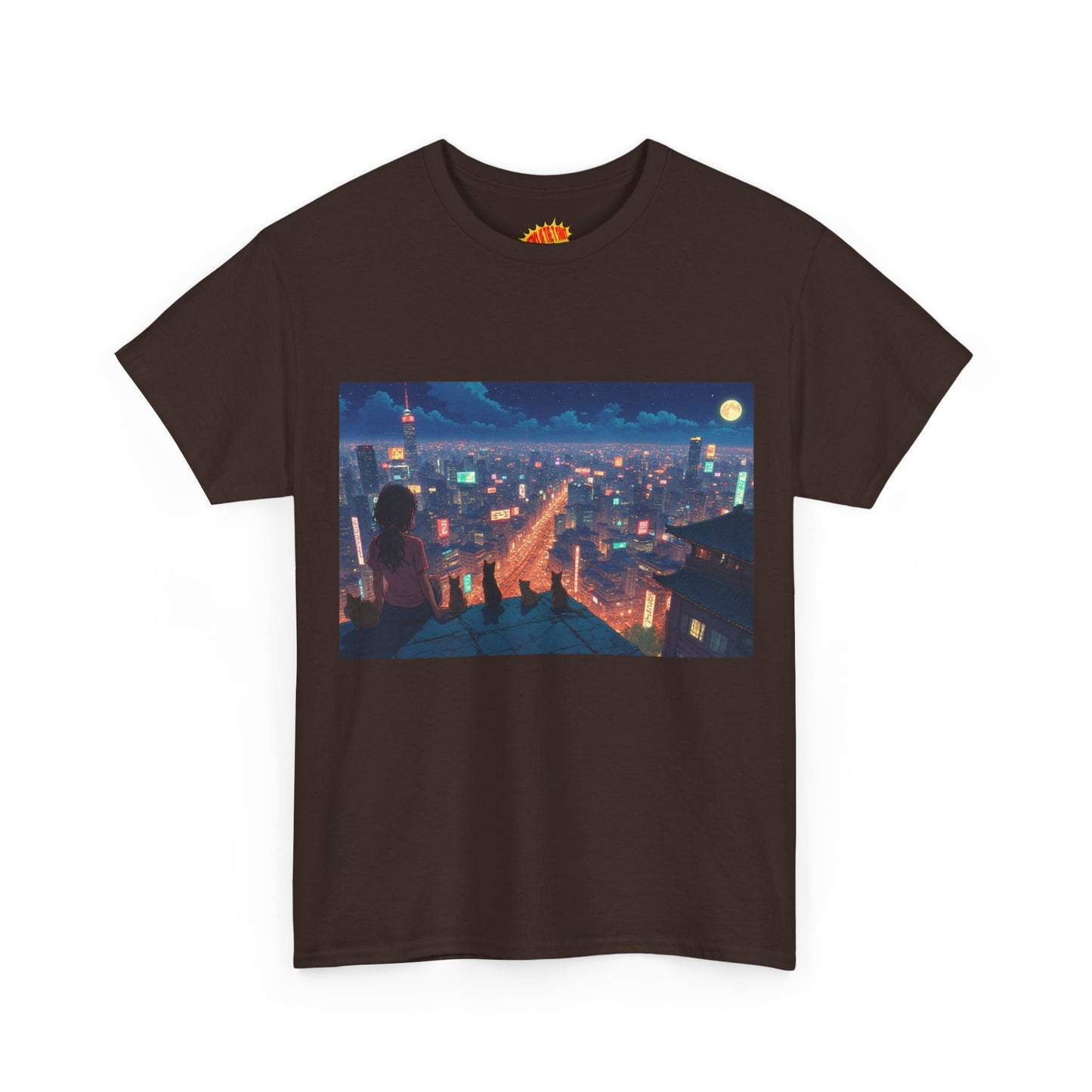 Anime Neon Cityscape Scene w/Girl & Cats T-Shirt *Multiple Colors*