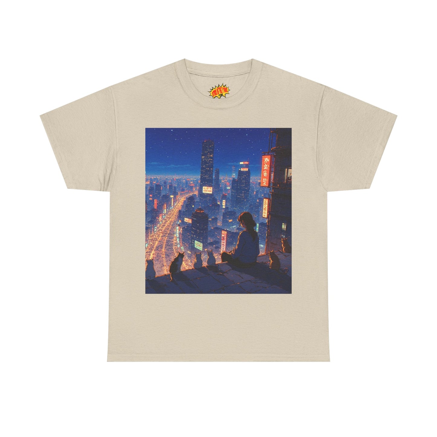 Neon Anime City Night Scene w/Girl & Cats T-Shirt *Multiple Colors*