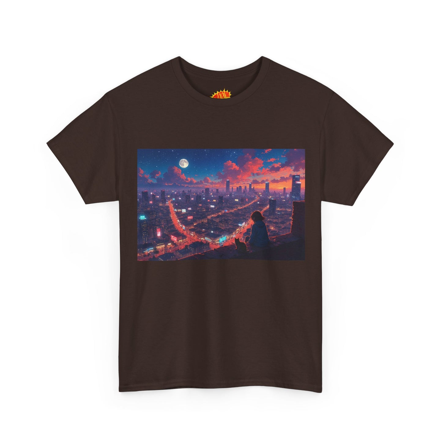 Anime City Neon Night Sky Scene w/Girl & Cats T-Shirt *Multiple Colors*