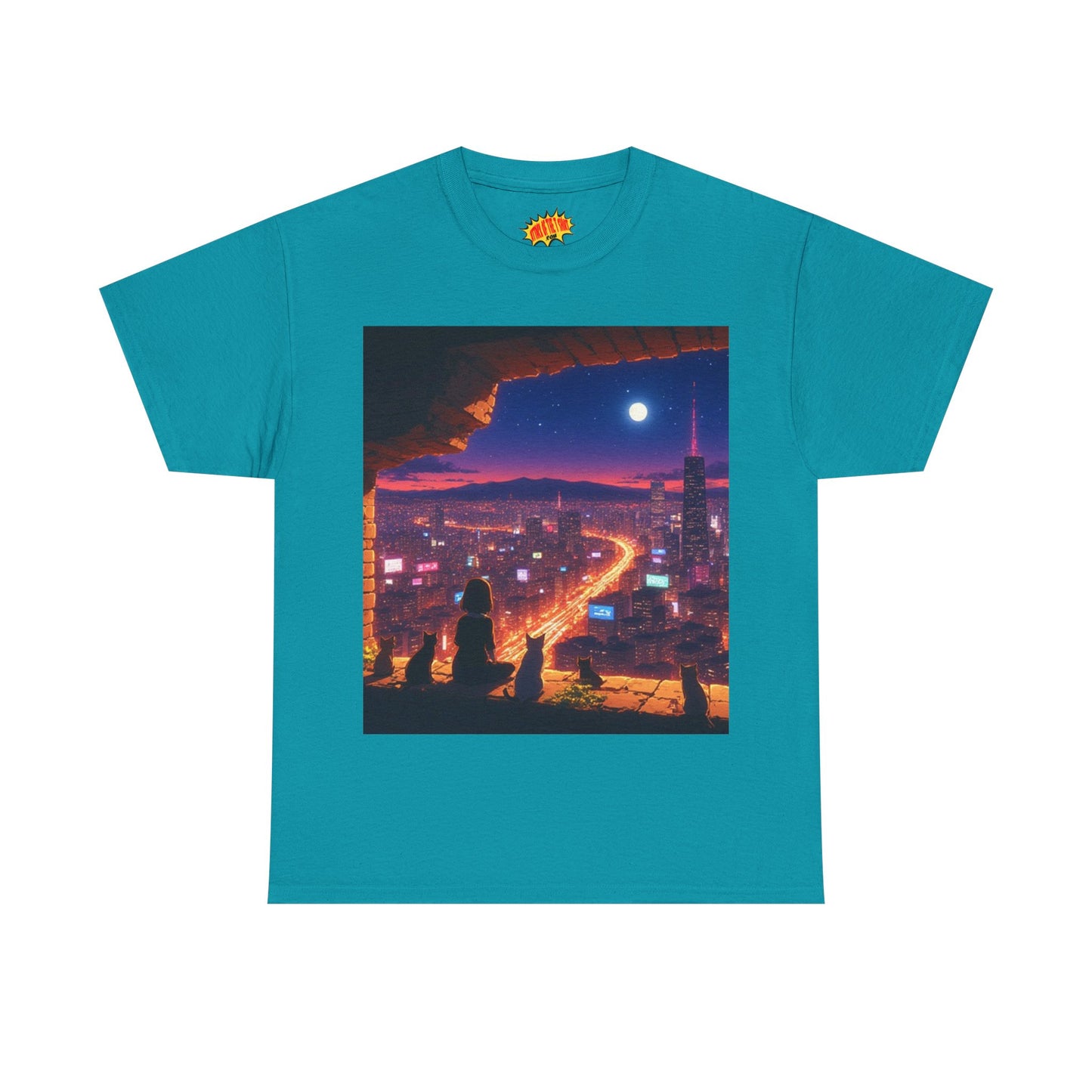 Anime Neon Cityscape Full Moon Scene w/Girl & Cats T-Shirt *Multiple Colors*