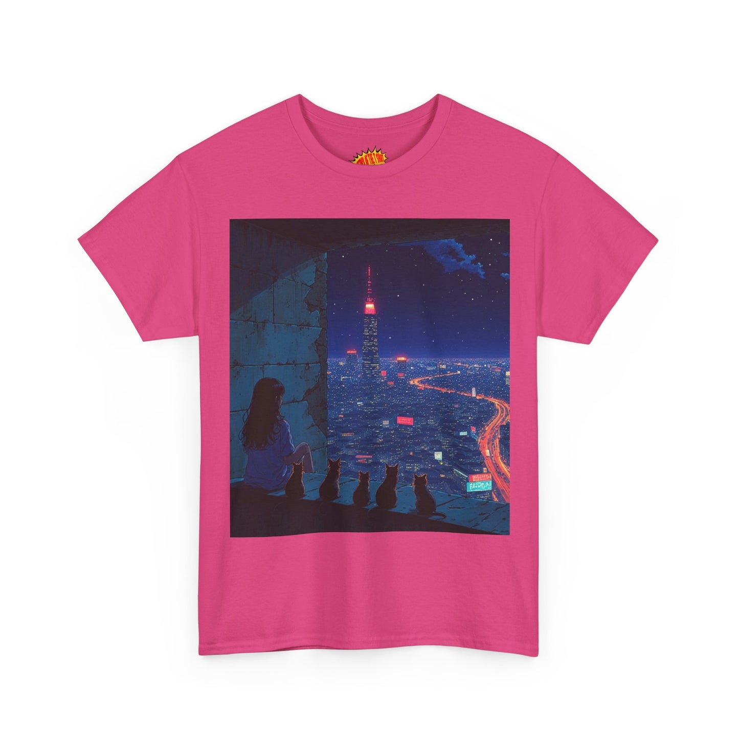Anime Cityscape Night Scene w/Girl & Cats T-Shirt *Multiple Colors*