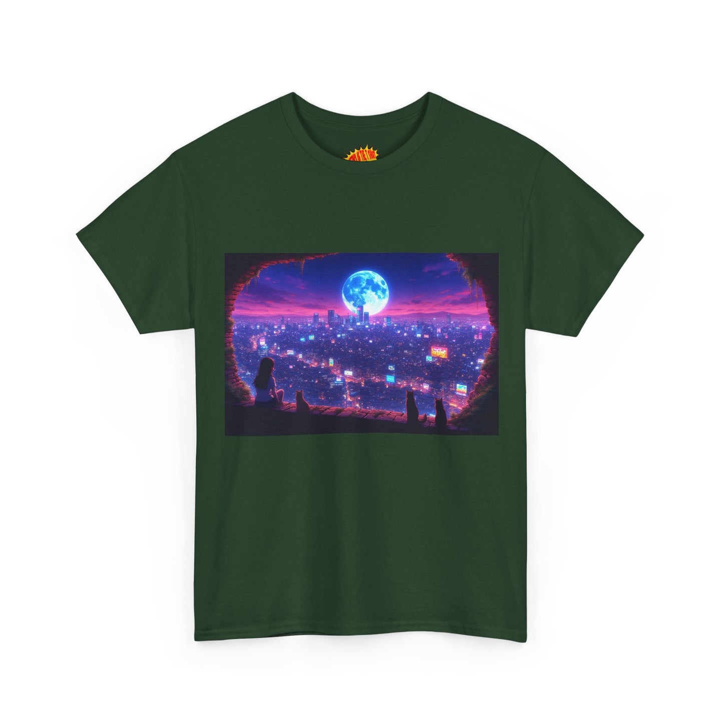 Neon Anime Cityscape Full Moon Scene w/Girl & Cats T-Shirt *Multiple Colors*