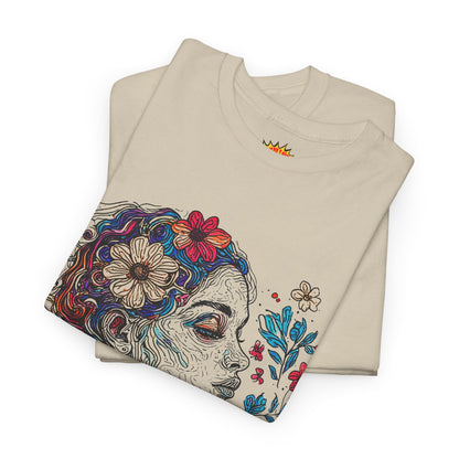 Multicolor Line Drawing Human Graphic Flower Art Tee Shirt