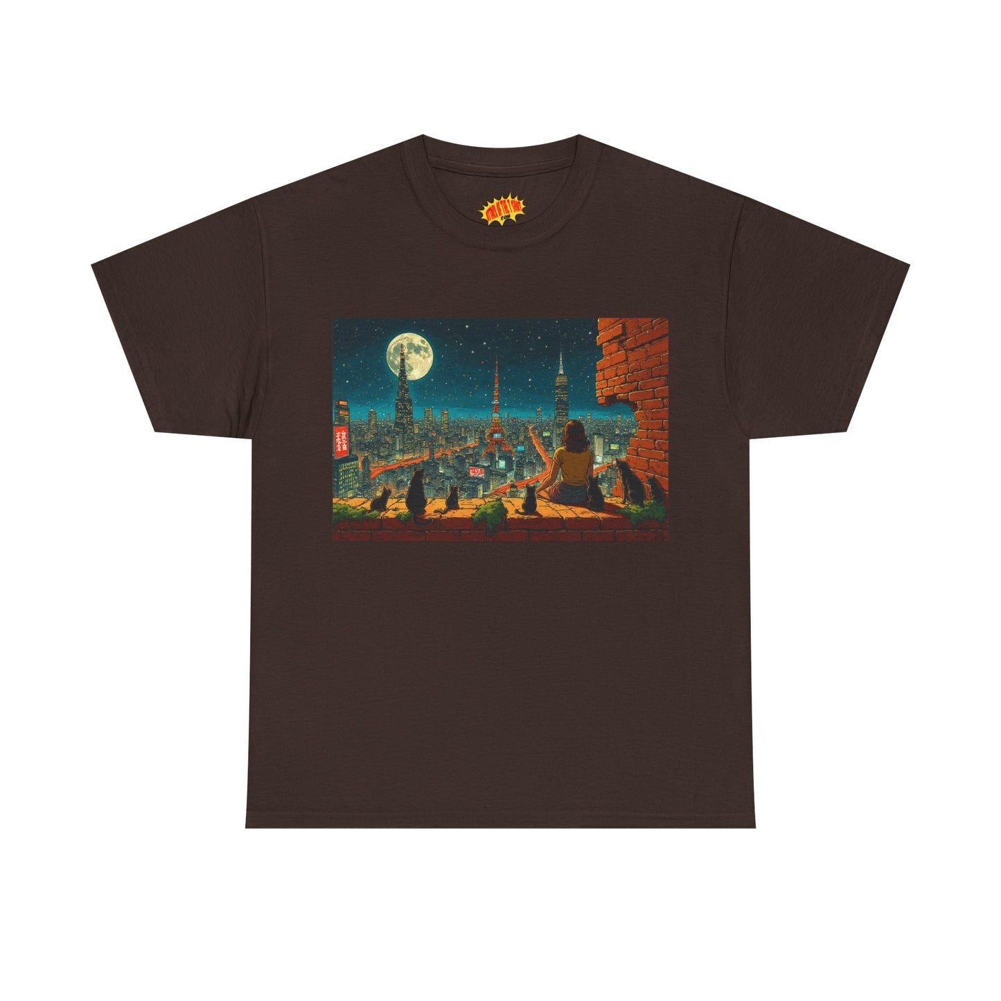 Anime Cityscape Full Moon Scene w/Girl & Cats T-Shirt *Multiple Colors*