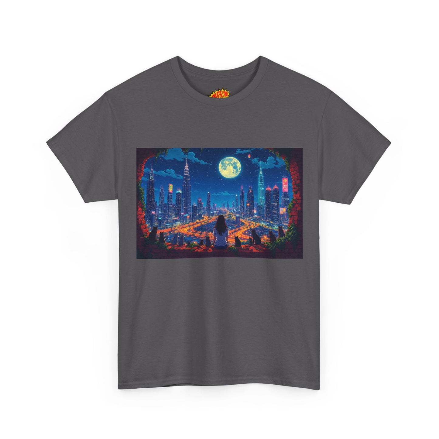 Anime City Night Scene w/Girl & Cats T-Shirt *Multiple Colors*