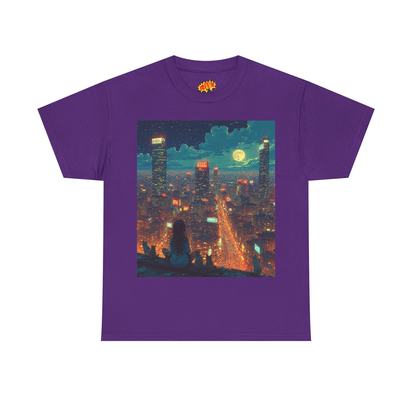 Nighttime Neon Anime Cityscape w/Girl & Cats T-Shirt *Multiple Colors*