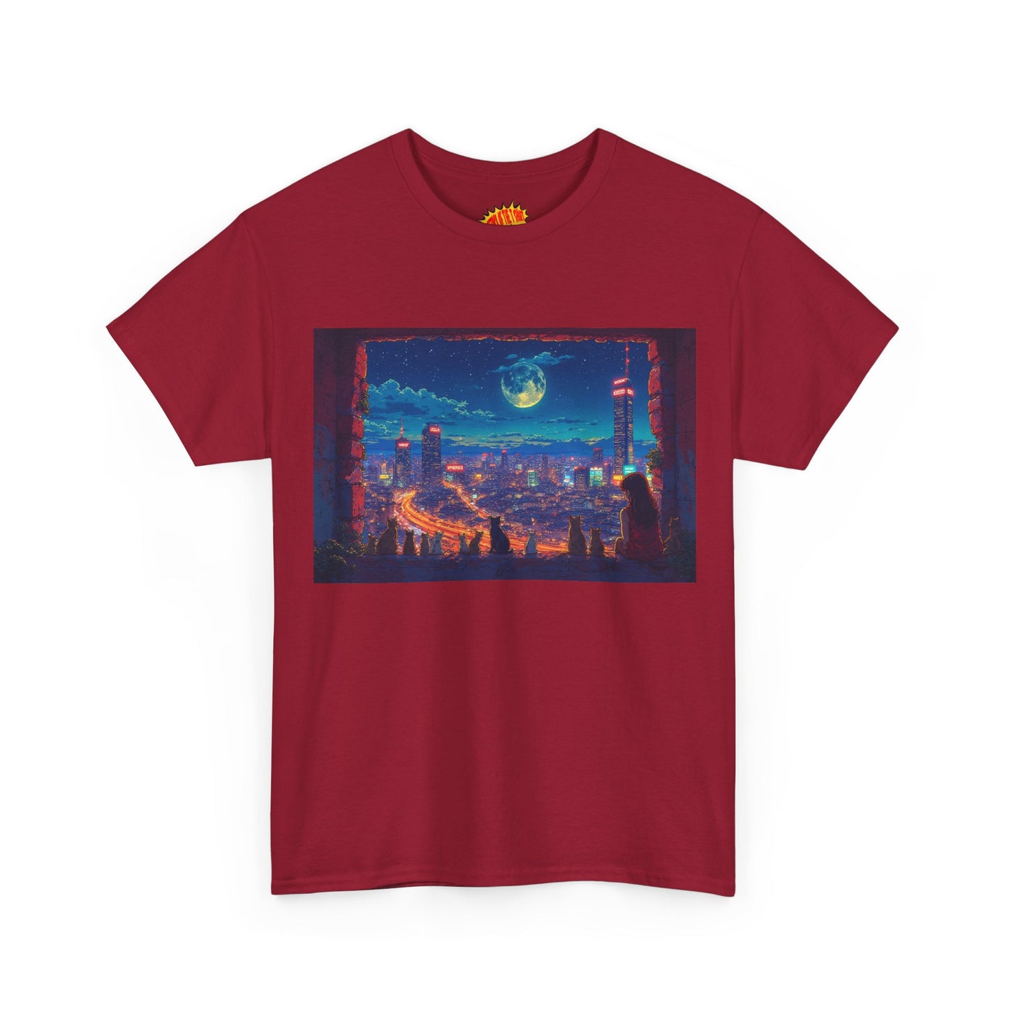 Anime Cityscape Night Scene w/Girl & Cats T-Shirt *Multiple Colors*