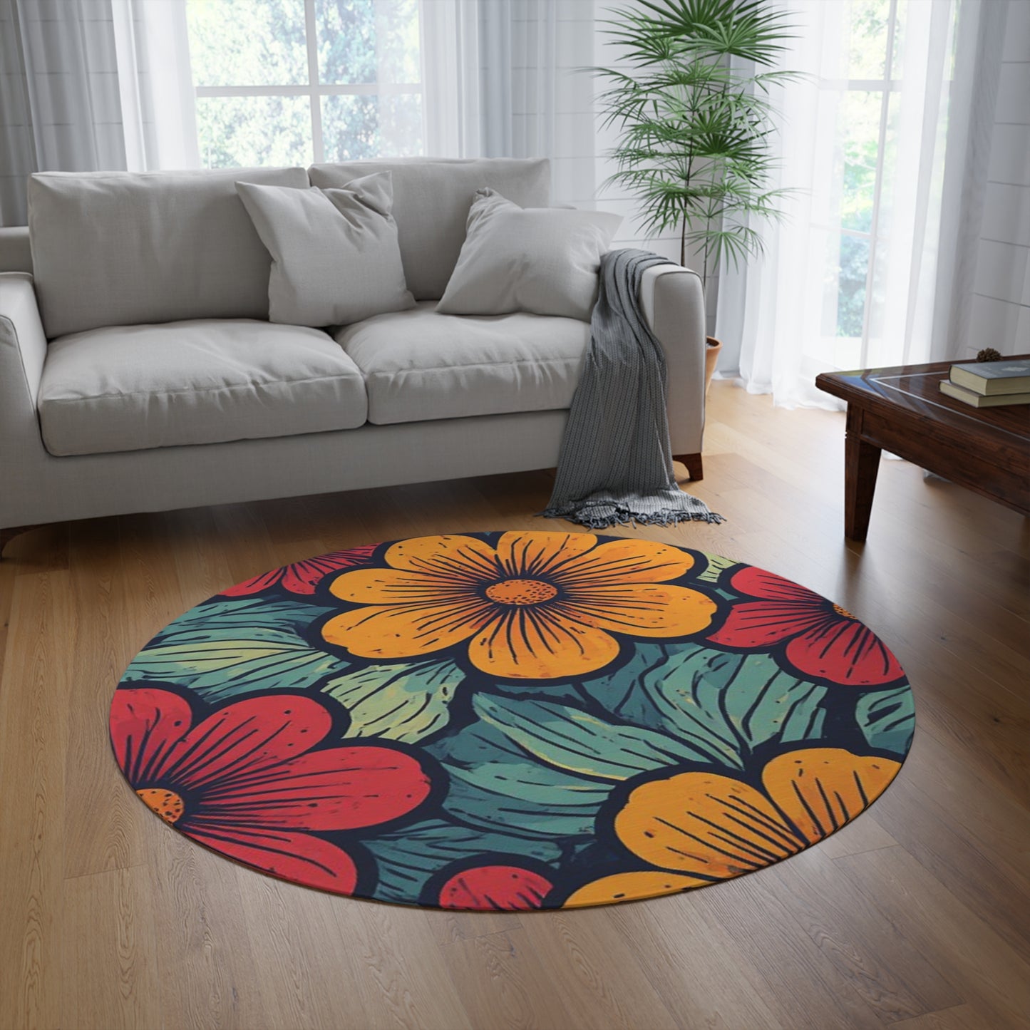 Retro Flower Pattern 60's/70's Style Area Rug - 60in Diameter Round Rug 7