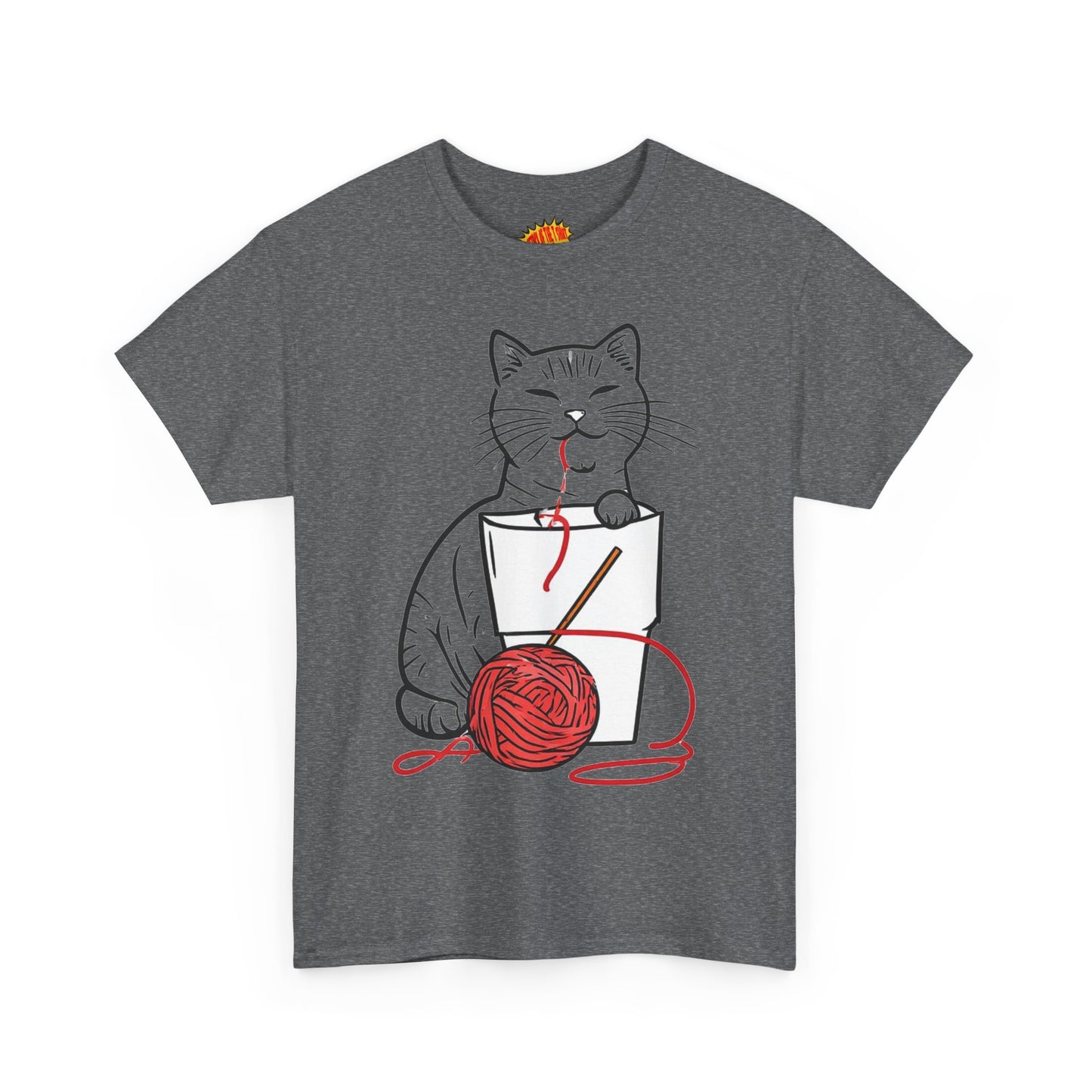 Cat w/Noodle Cup + Yarn Ball Art Drawing Tee Shirt *Multiple Colors*