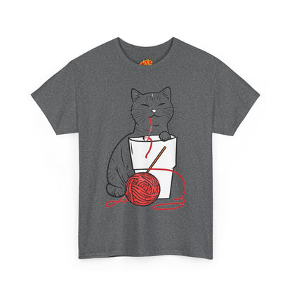 Cat w/Noodle Cup + Yarn Ball Art Drawing Tee Shirt