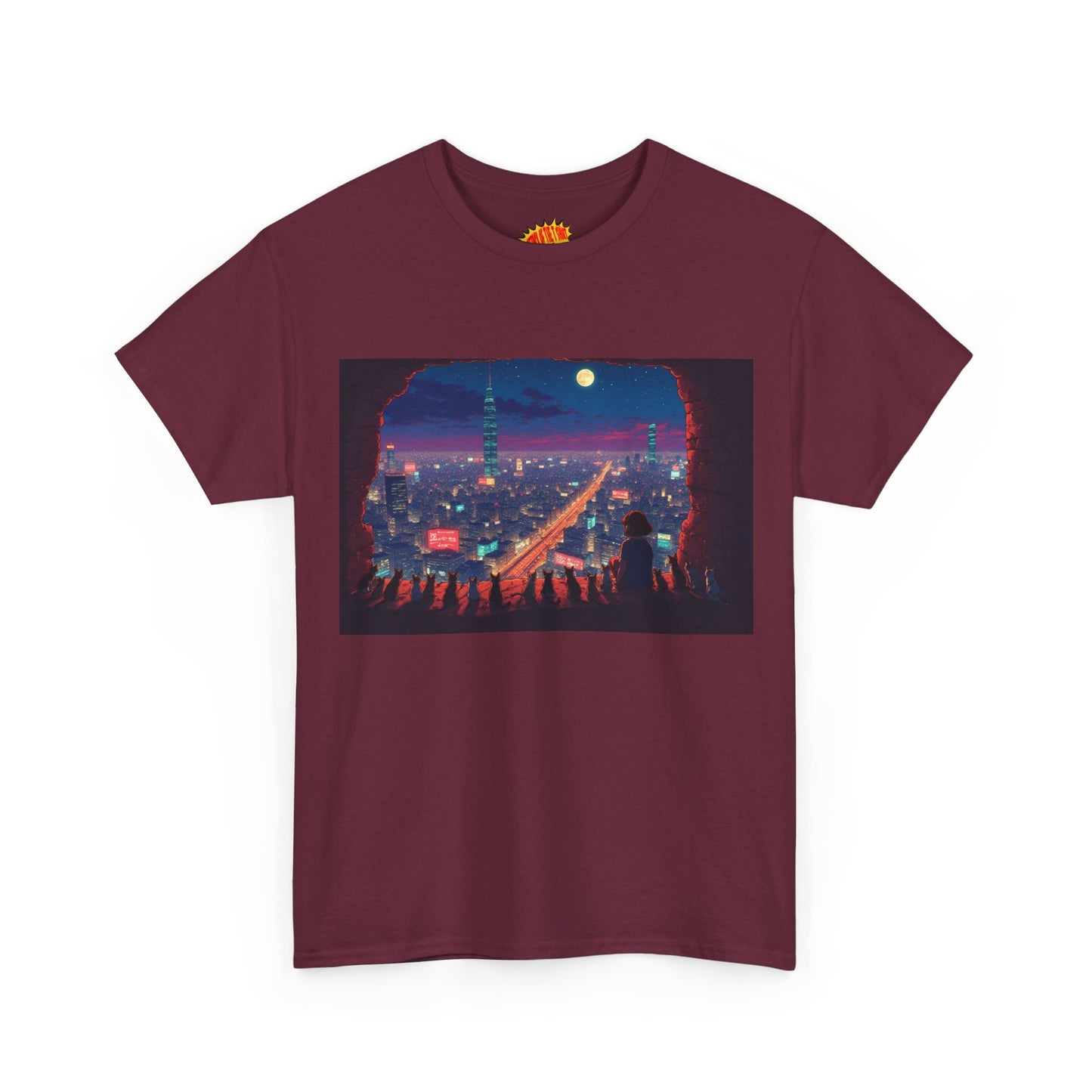Anime Neon Cityscape Scene w/Cats T-Shirt *Multiple Colors*
