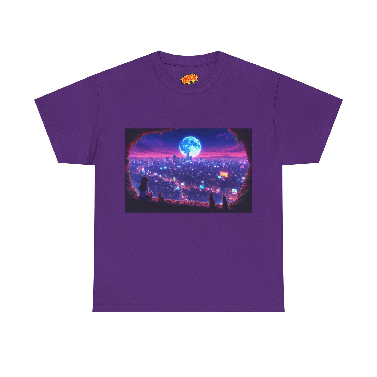 Neon Anime Cityscape Full Moon Scene w/Girl & Cats T-Shirt *Multiple Colors*