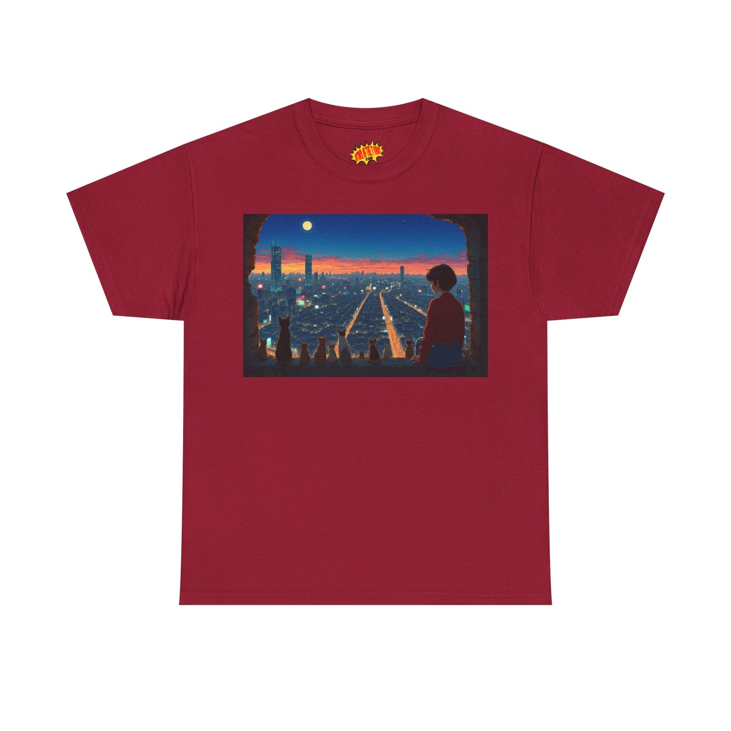 Neon Cityscape Anime Scene w/Girl & Cats T-Shirt *Multiple Colors*