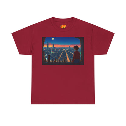Neon Cityscape Anime Scene w/Girl & Cats T-Shirt