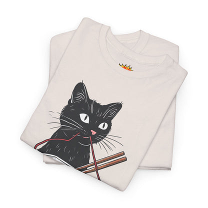 Black Cat w/Noodles + Yarn Ball Art Drawing Tee Shirt