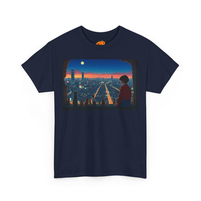 Neon Cityscape Anime Scene w/Girl & Cats T-Shirt