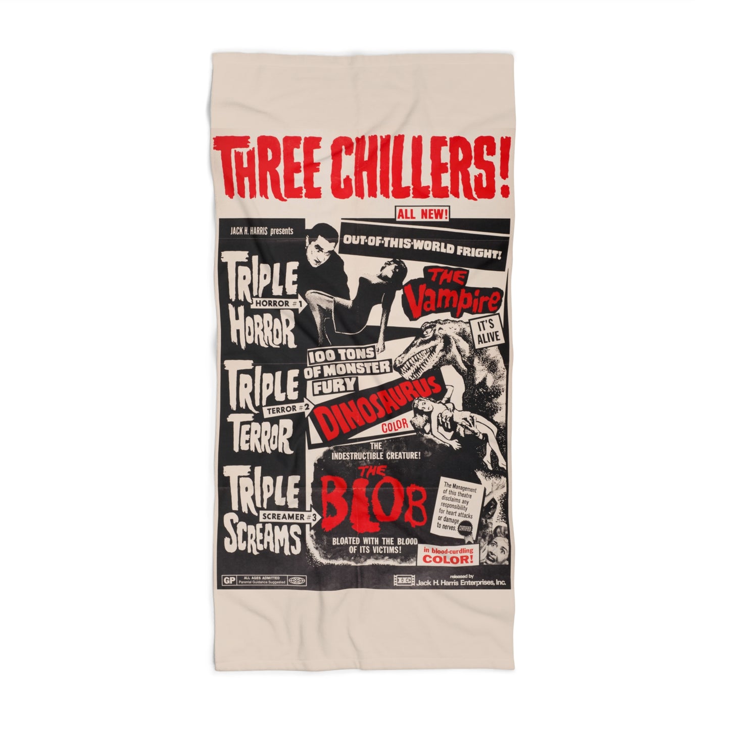 Three Chillers Vintage Movie Poster Beach Towel | Retro Horror Movie Towel