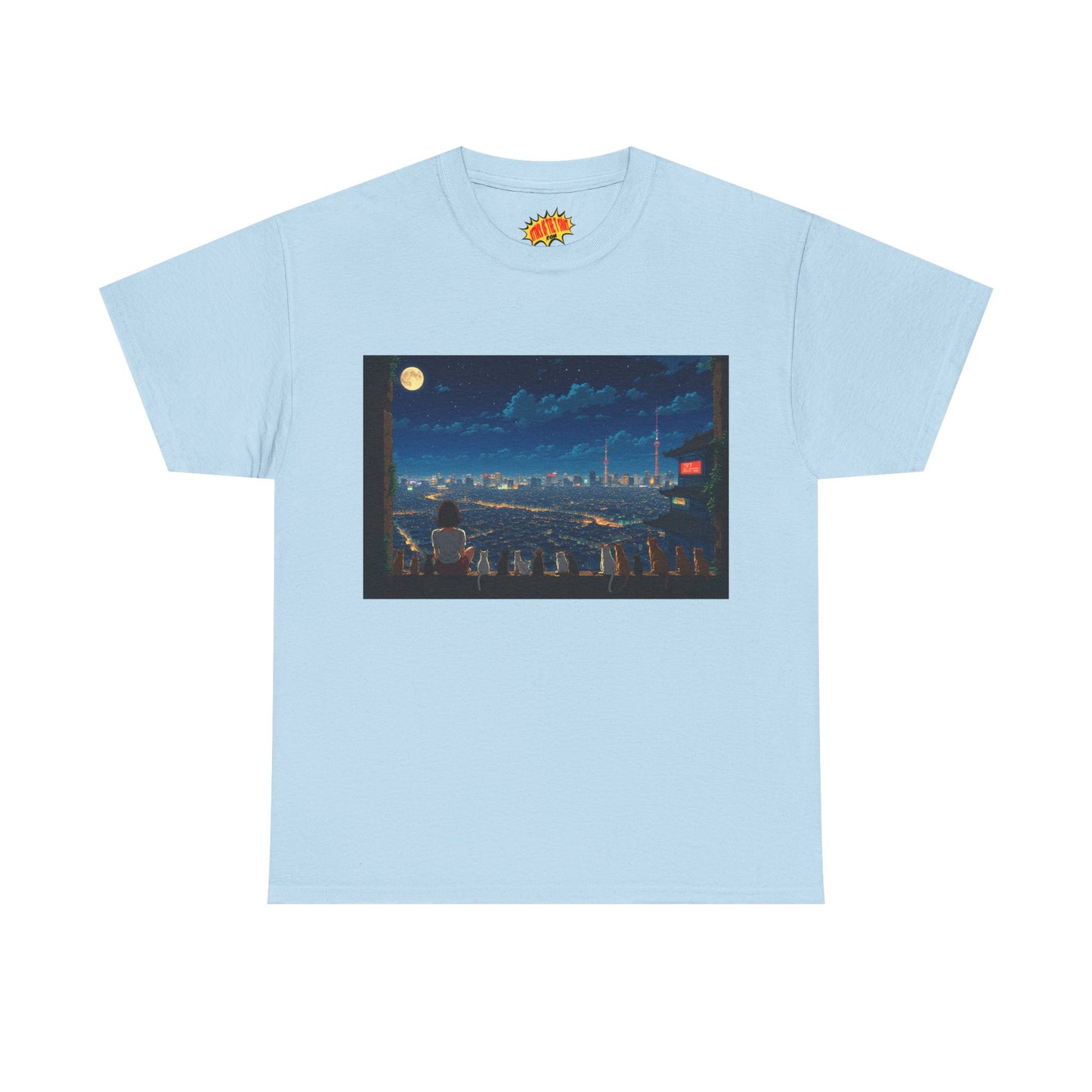 Anime City Night Sky Scene w/Girl & Cats T-Shirt *Multiple Colors*