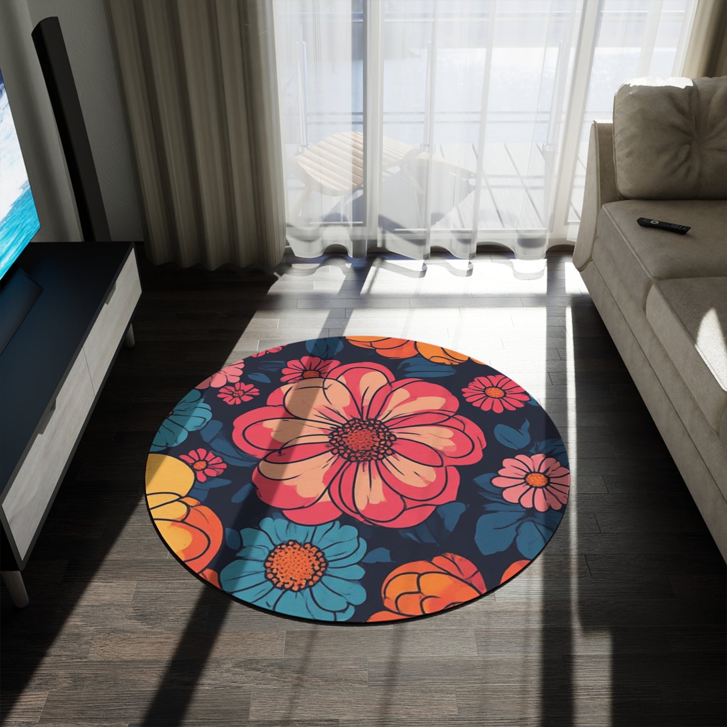 Retro Flower Pattern 60's/70's Style Area Rug - 60in Diameter Round Rug 8