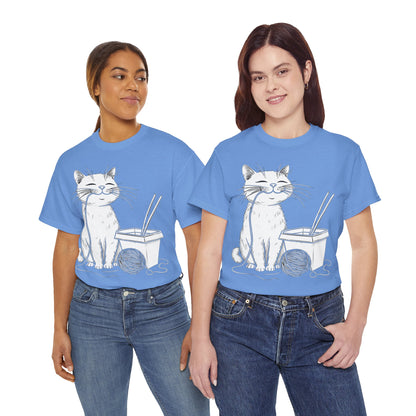 Happy Cat w/Noodles + Yarn Ball Art Drawing Tee Shirt