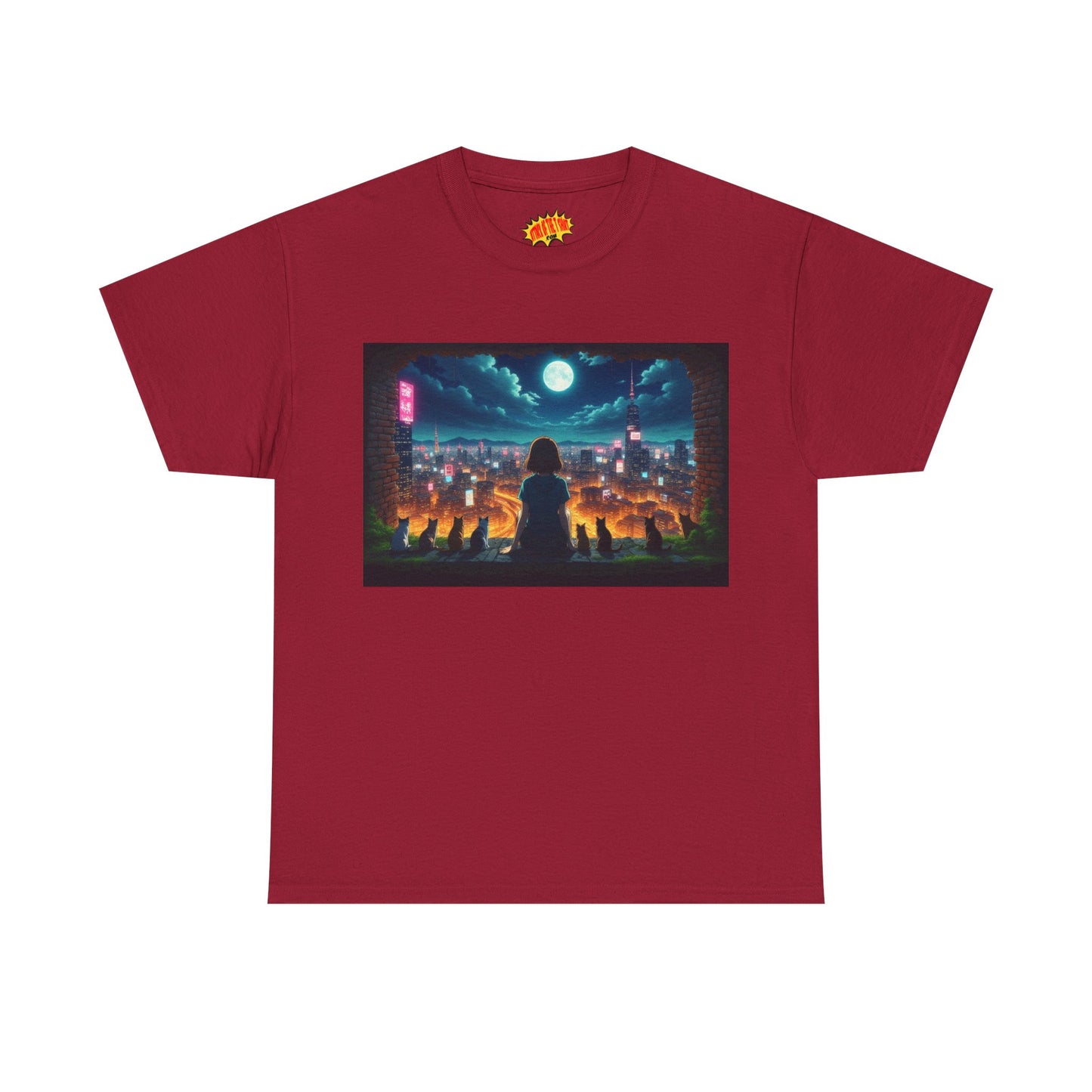 Anime Neon City Night Scene w/Girl & Cats T-Shirt *Multiple Colors*