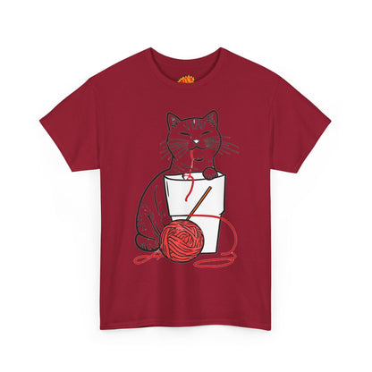 Cat w/Noodle Cup + Yarn Ball Art Drawing Tee Shirt