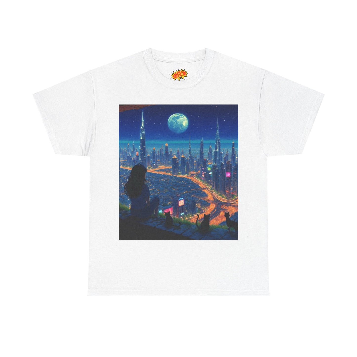 Anime City Full Moon Scene w/Girl & Cats T-Shirt *Multiple Colors*