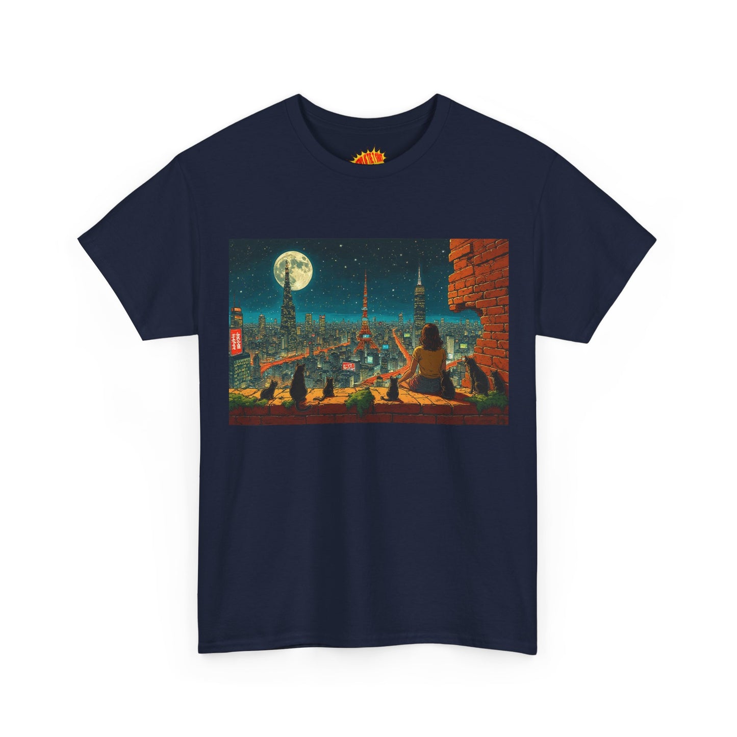 Anime Cityscape Full Moon Scene w/Girl & Cats T-Shirt *Multiple Colors*