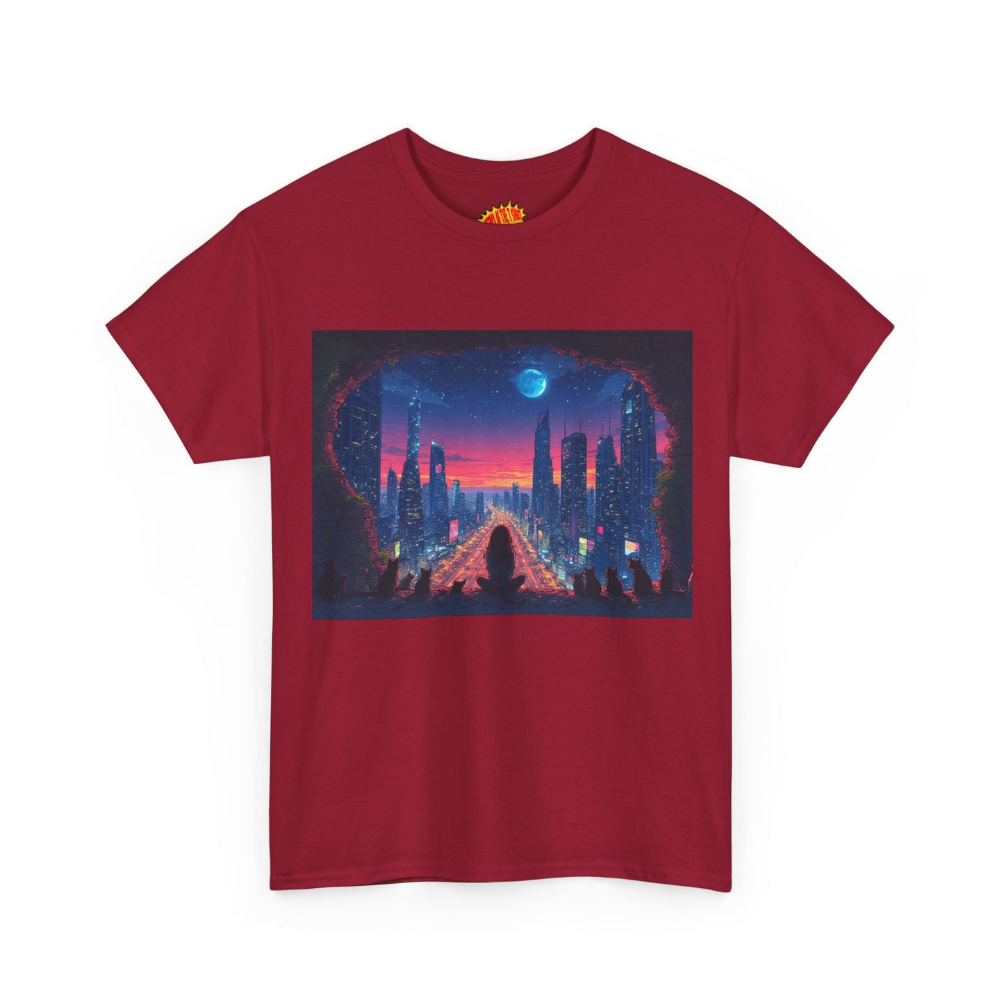 Anime Neon Cityscape Full Moon w/Girl & Cats T-Shirt *Multiple Colors*