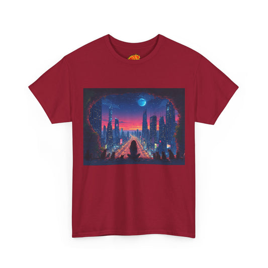 Anime Neon Cityscape Full Moon w/Girl & Cats T-Shirt *Multiple Colors*