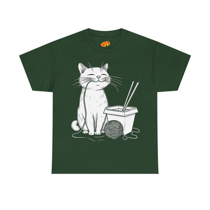 Happy Cat w/Noodles + Yarn Ball Art Drawing Tee Shirt