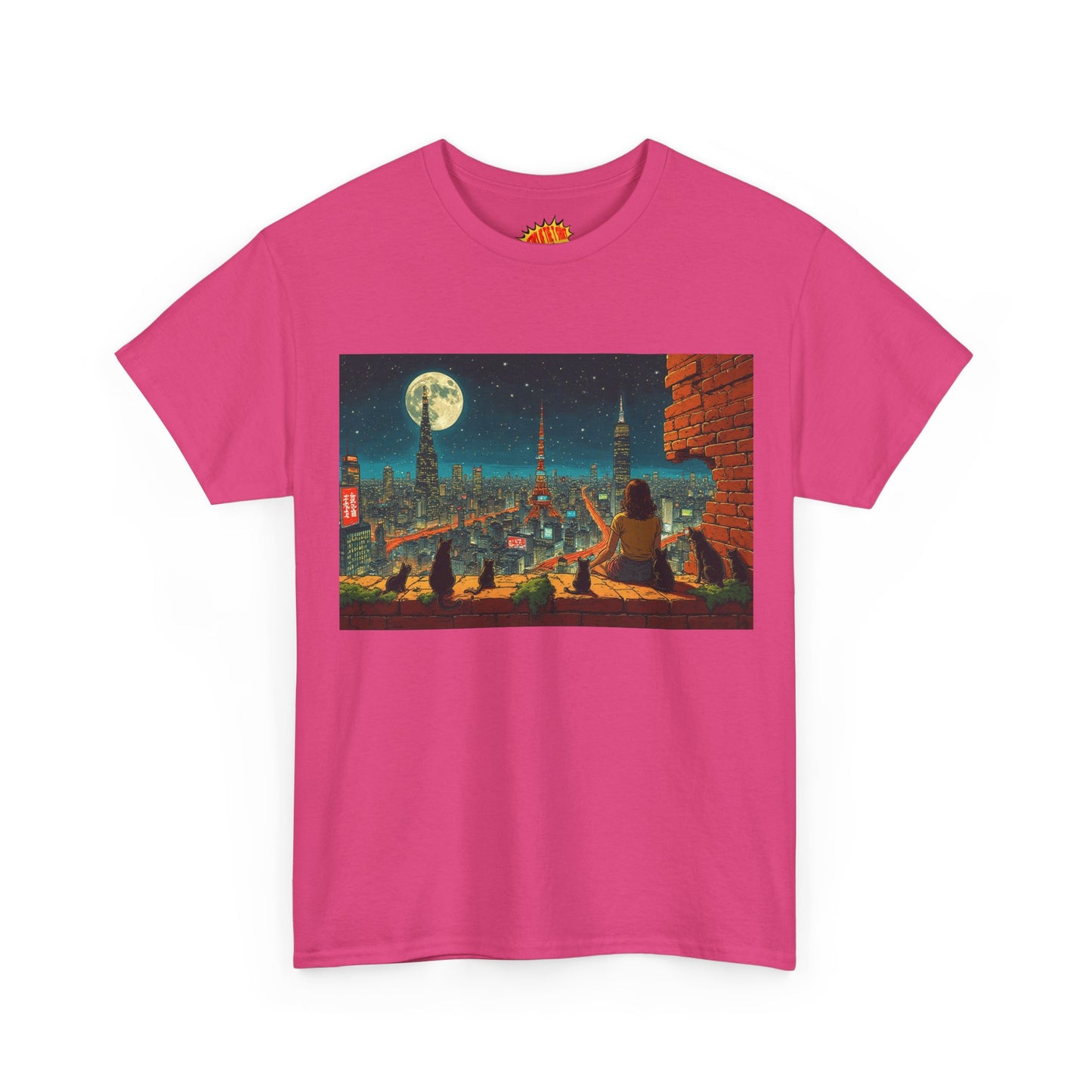 Anime Cityscape Full Moon Scene w/Girl & Cats T-Shirt *Multiple Colors*