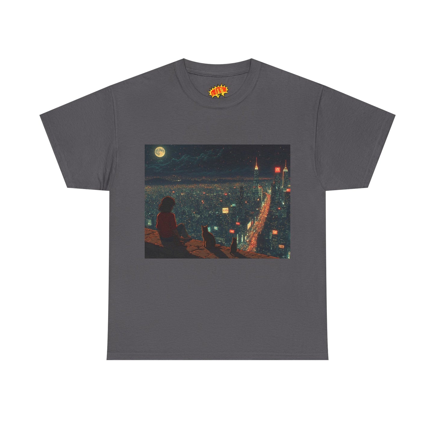 Anime Nighttime Cityscape w/Cats T-Shirt *Multiple Colors*
