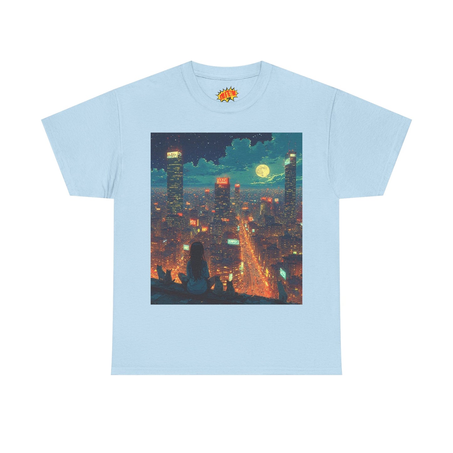 Nighttime Neon Anime Cityscape w/Girl & Cats T-Shirt *Multiple Colors*