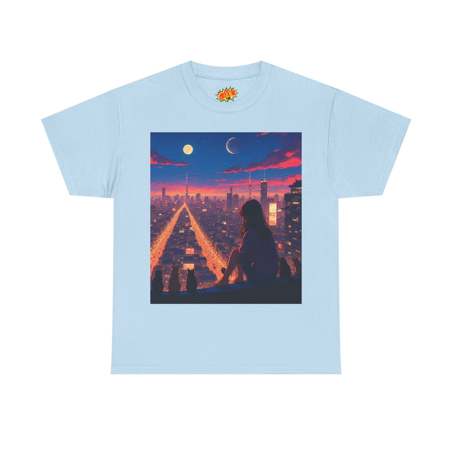 Anime City Twin Moon Scene w/Cats T-Shirt *Multiple Colors*